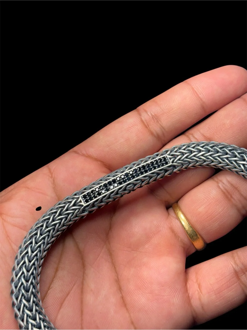 925 Sterling Silver Braided Bracelet with Black Stones – 10.5 mm – 8.2” inches